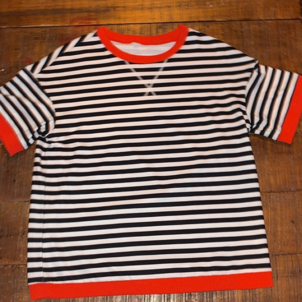 Striped Ringer Tee Black White Red Trim Boxy Fit Medium Casual Streetwear - Picture 4 of 4